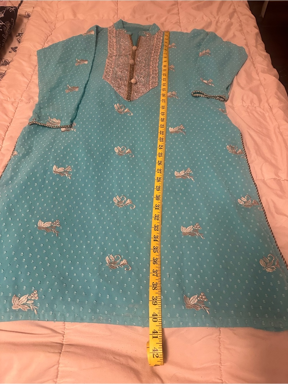 Embroidered Teal Tunic with Metallic Lace Detail 3 piece dress